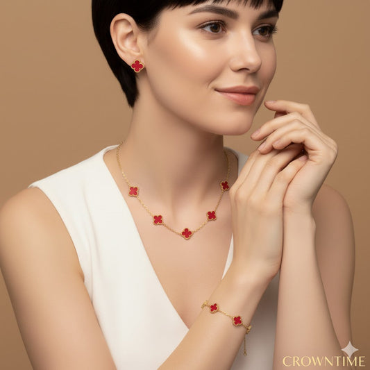 CLOVER 3-PIECE SET NECKLACE-BRACELET-EARRINGS GOLD-RED COLOR
