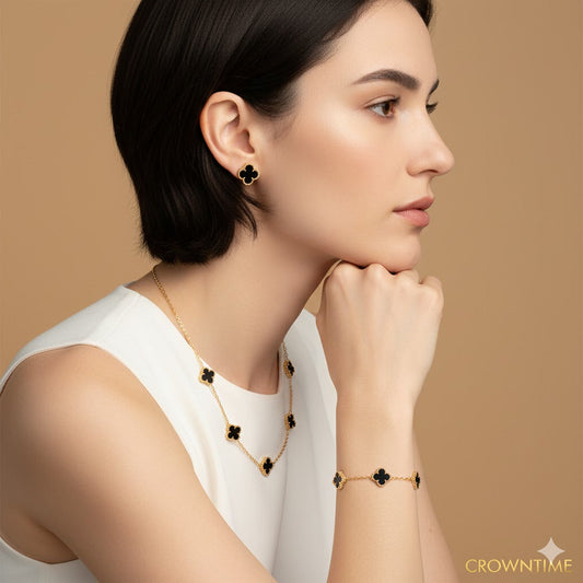 CLOVELLA 3-Piece Set Necklace-Bracelet-Earrings Gold-Black Color
