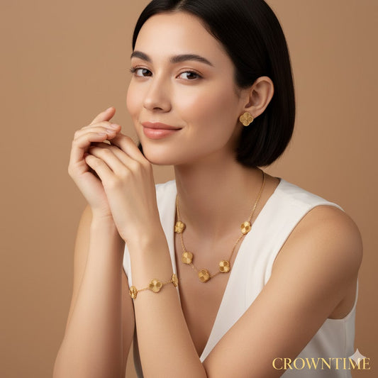 CLOVER 3-PIECE SET NECKLACE-BRACELET-EARRINGS GOLD-GREEN FULL GOLD COLOR