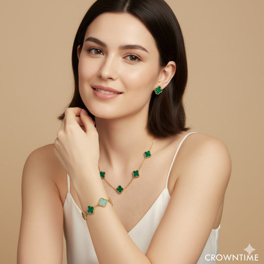 CLOVER 3-PIECE SET NECKLACE-BRACELET-EARRINGS GOLD-GREEN COLOR