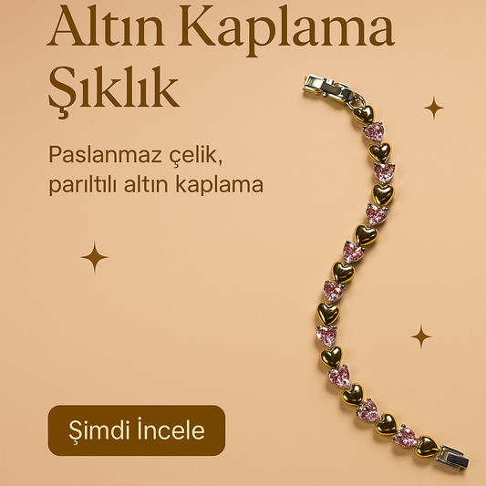 ❤️Pembe Kalpli Taşlı Altın Kaplama Çelik Bileklik