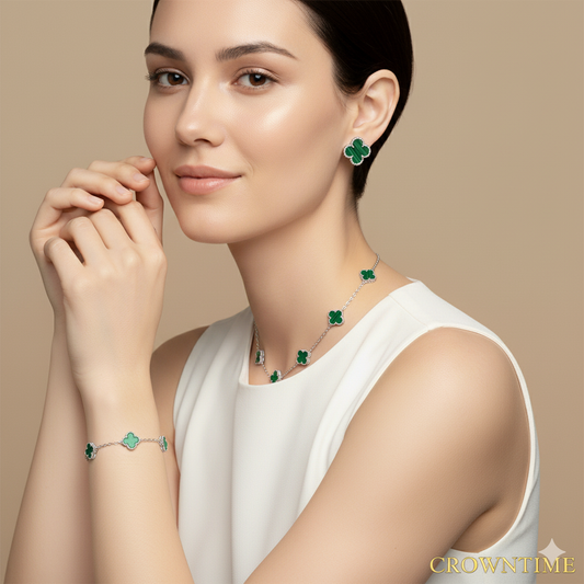 CLOVELLA 3-Piece Set Necklace-Bracelet-Earrings Silver-Green Color
