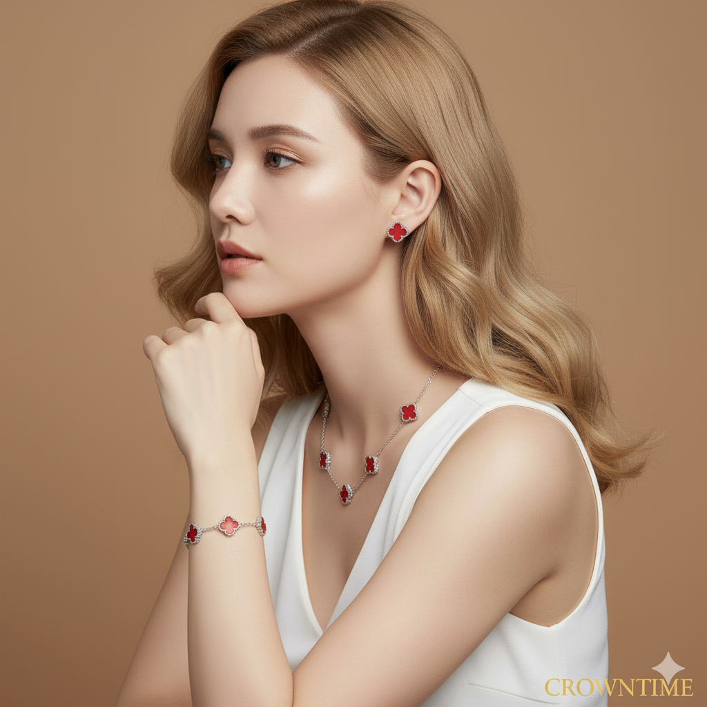 CLOVER 3-PIECE SET NECKLACE-BRACELET-EARRINGS SILVER-RED COLOR