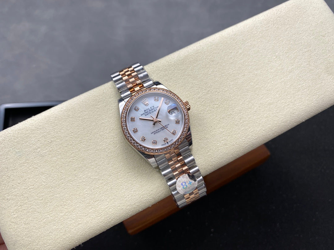 Datejust 31mm Pink Gold Steel Diamond Bezel White Mop Dial
