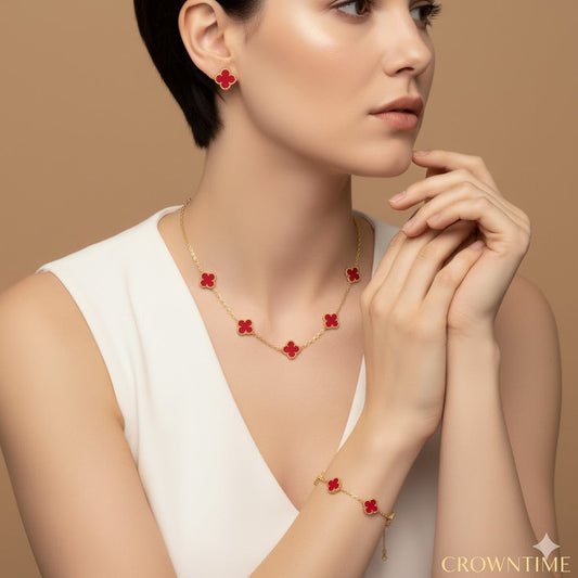 CLOVER 3-PIECE SET NECKLACE-BRACELET-EARRINGS GOLD-RED COLOR