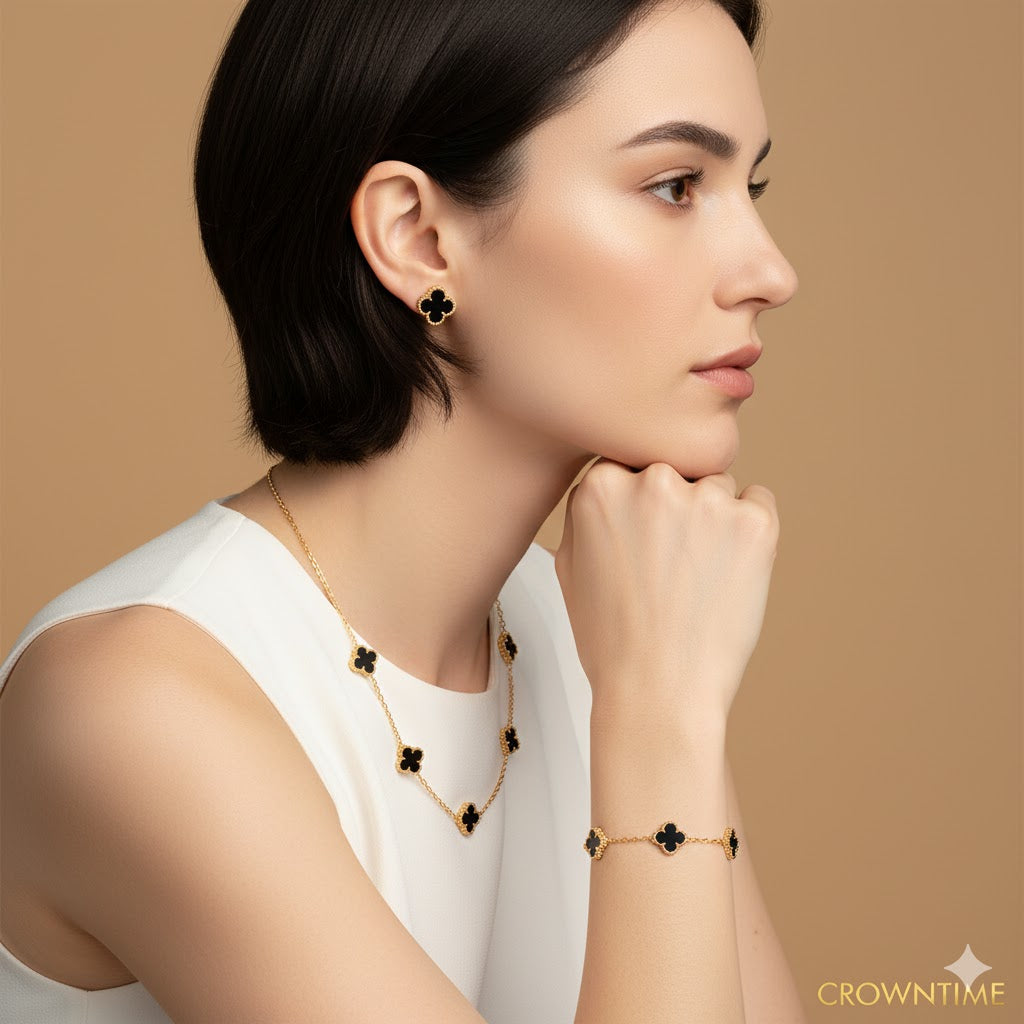CLOVELLA 3-Piece Set Necklace-Bracelet-Earrings Gold-Black Color