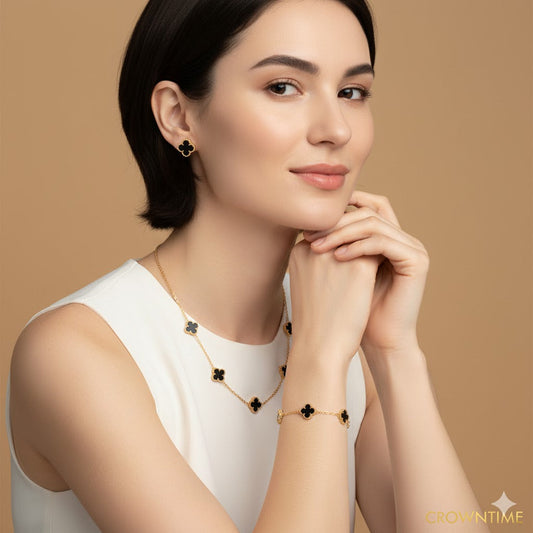 CLOVELLA 3-Piece Set Necklace-Bracelet-Earrings Gold-Black Color