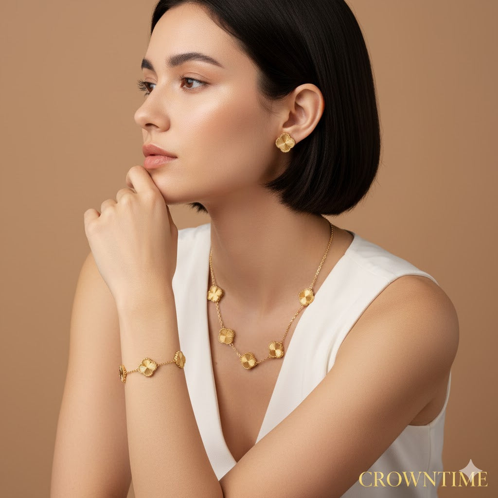 CLOVER 3-PIECE SET NECKLACE-BRACELET-EARRINGS GOLD-GREEN FULL GOLD COLOR