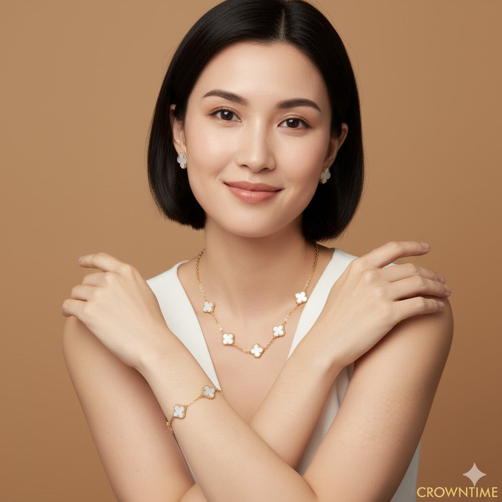 CLOVER 3-PIECE SET NECKLACE-BRACELET-EARRINGS GOLD-WHITE COLOR