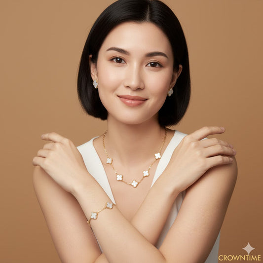 CLOVER 3-PIECE SET NECKLACE-BRACELET-EARRINGS GOLD-WHITE COLOR