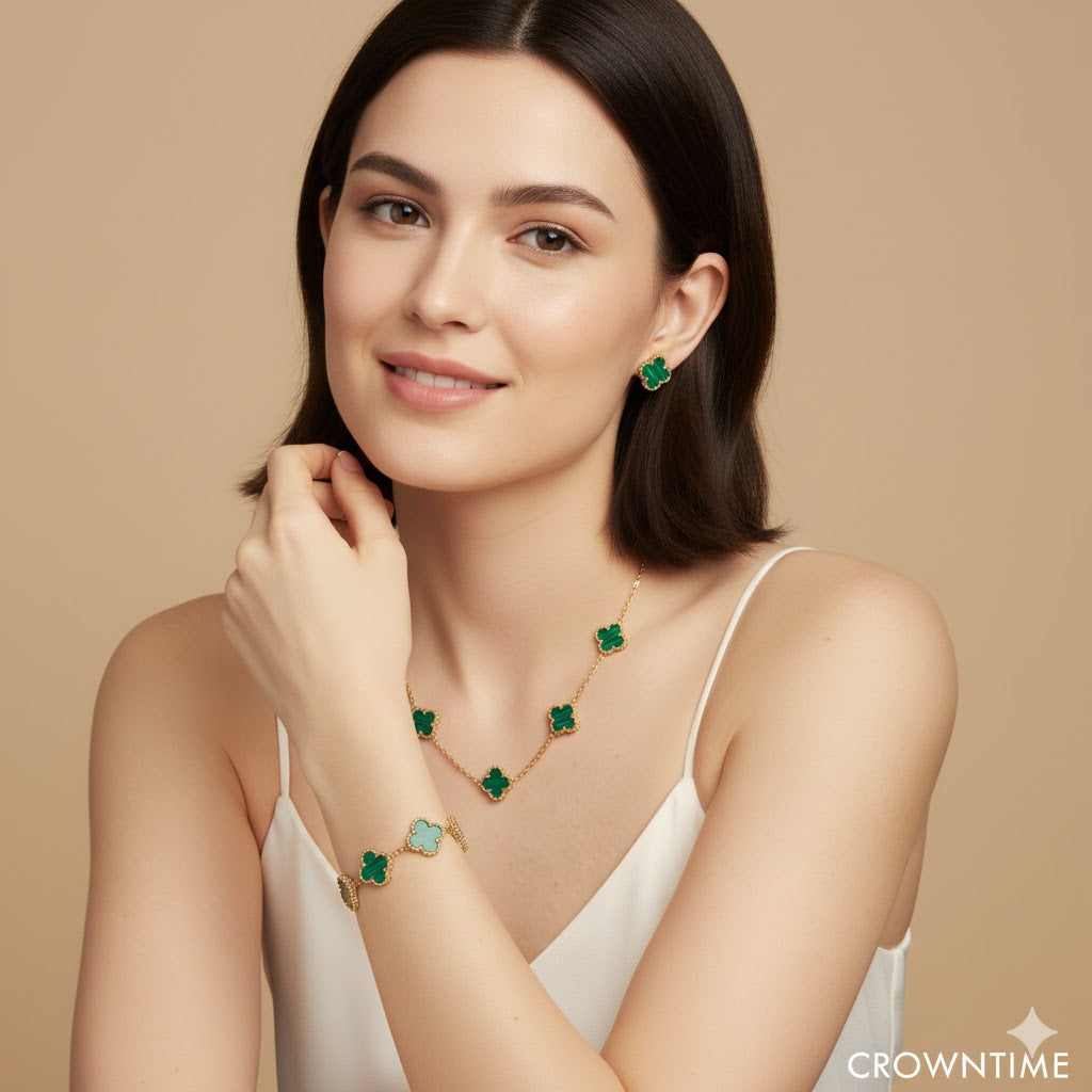 CLOVER 3-PIECE SET NECKLACE-BRACELET-EARRINGS GOLD-GREEN COLOR