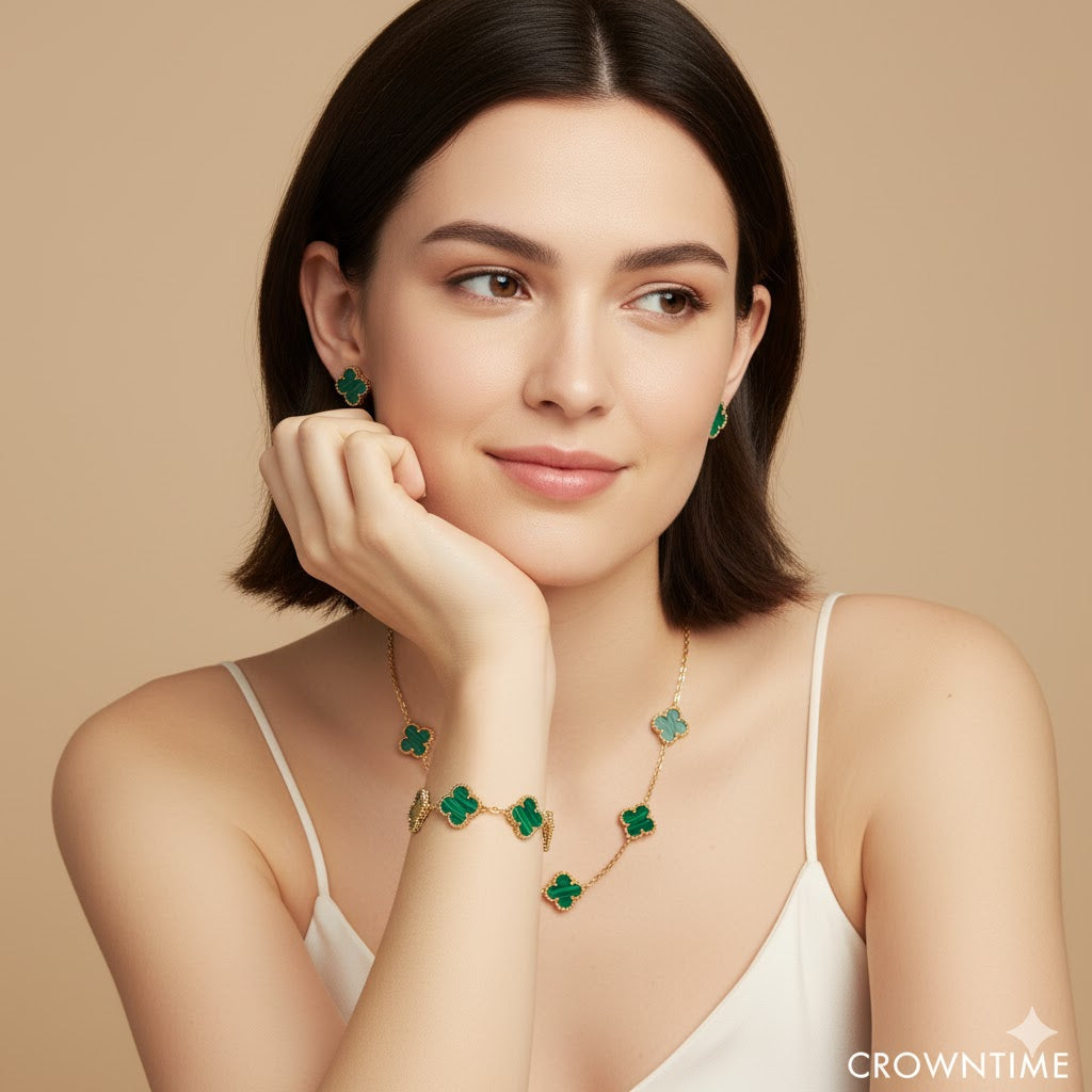 CLOVER 3-PIECE SET NECKLACE-BRACELET-EARRINGS GOLD-GREEN COLOR