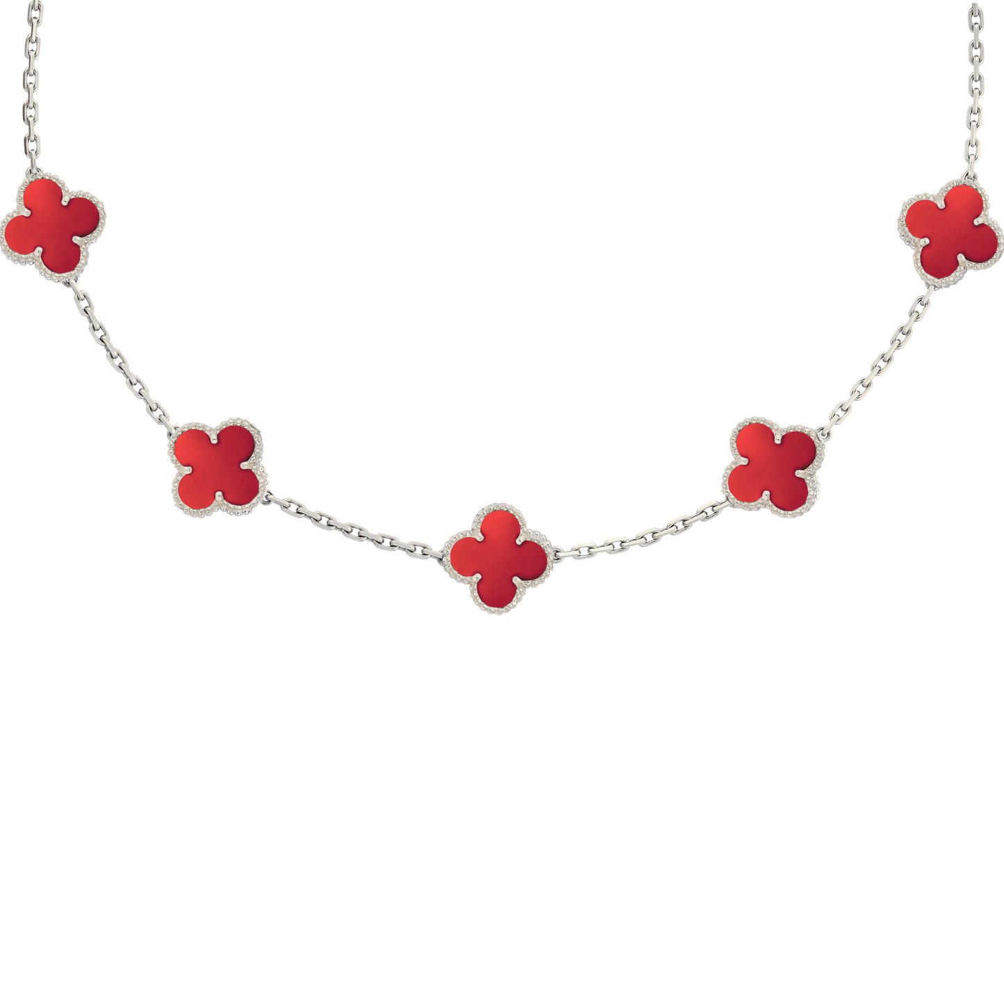 CLOVER 3-PIECE SET NECKLACE-BRACELET-EARRINGS SILVER-RED COLOR