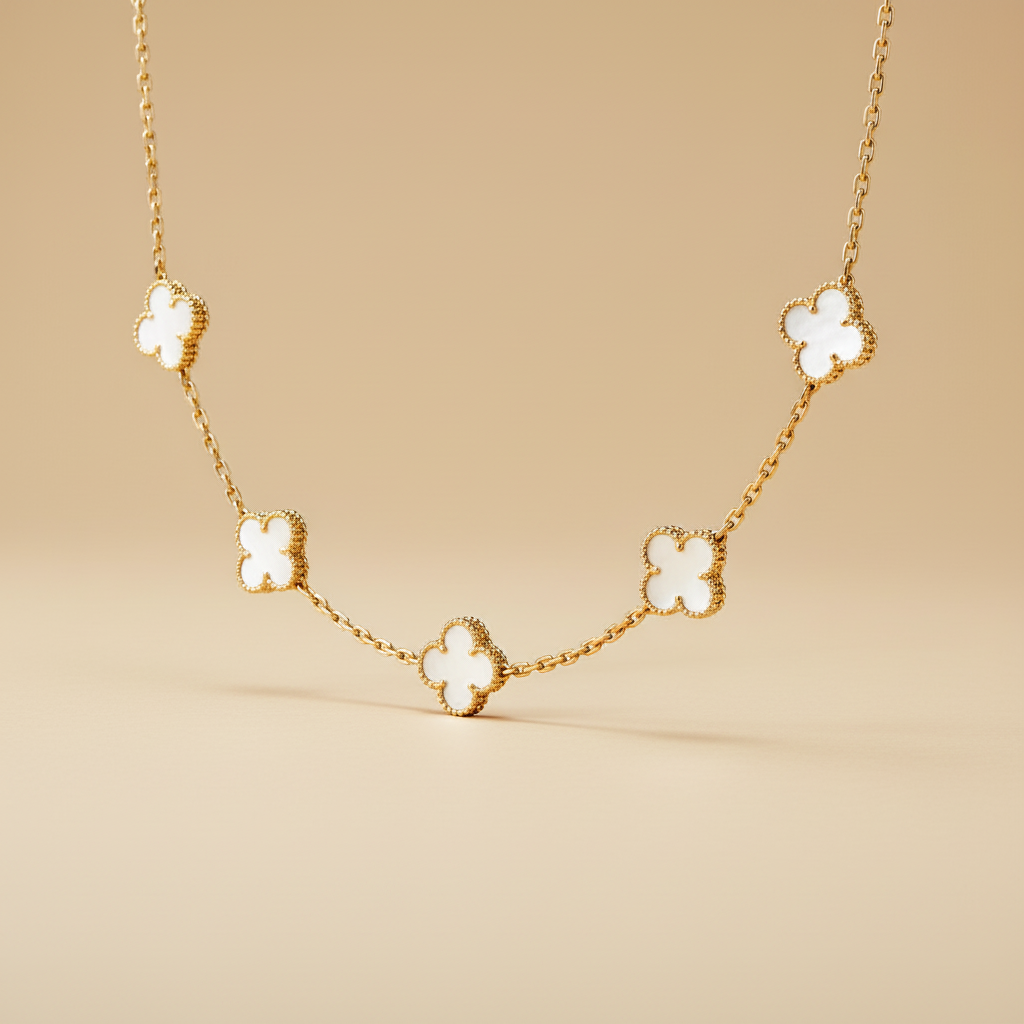 CLOVER 3-PIECE SET NECKLACE-BRACELET-EARRINGS GOLD-WHITE COLOR